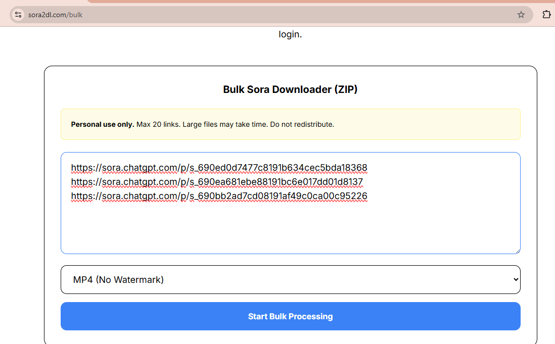 Bulk download interface showing multiple links input